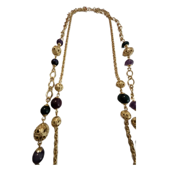 Vintage Double Strand Necklace with Gold Filigree Beads and Purple Stones - Picture 4 of 11